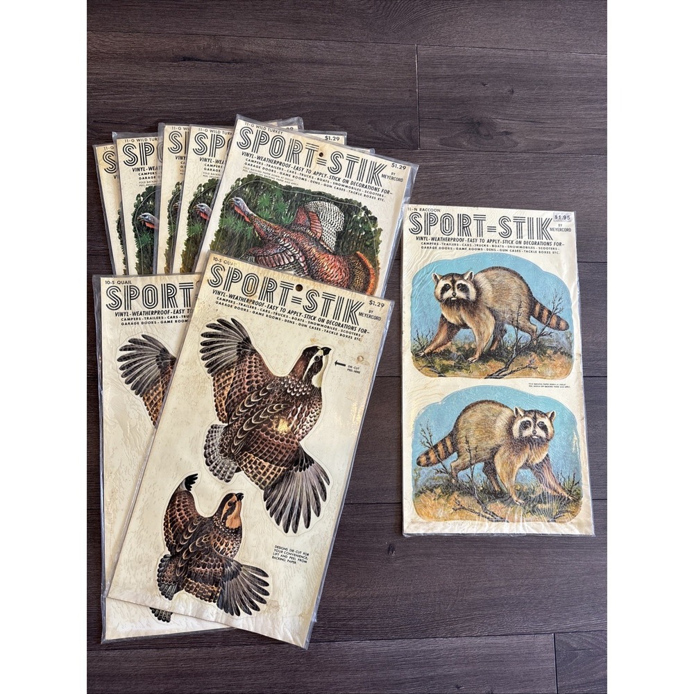 Meyercord Decals Vintage Lot 8 Wild Turkey Quail Raccoon NOS Hunting Game Decor